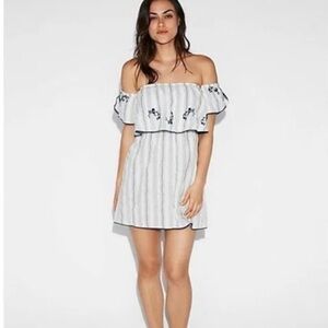 Express off shoulder embroidered white and blue stripes shift mini dress XS‎